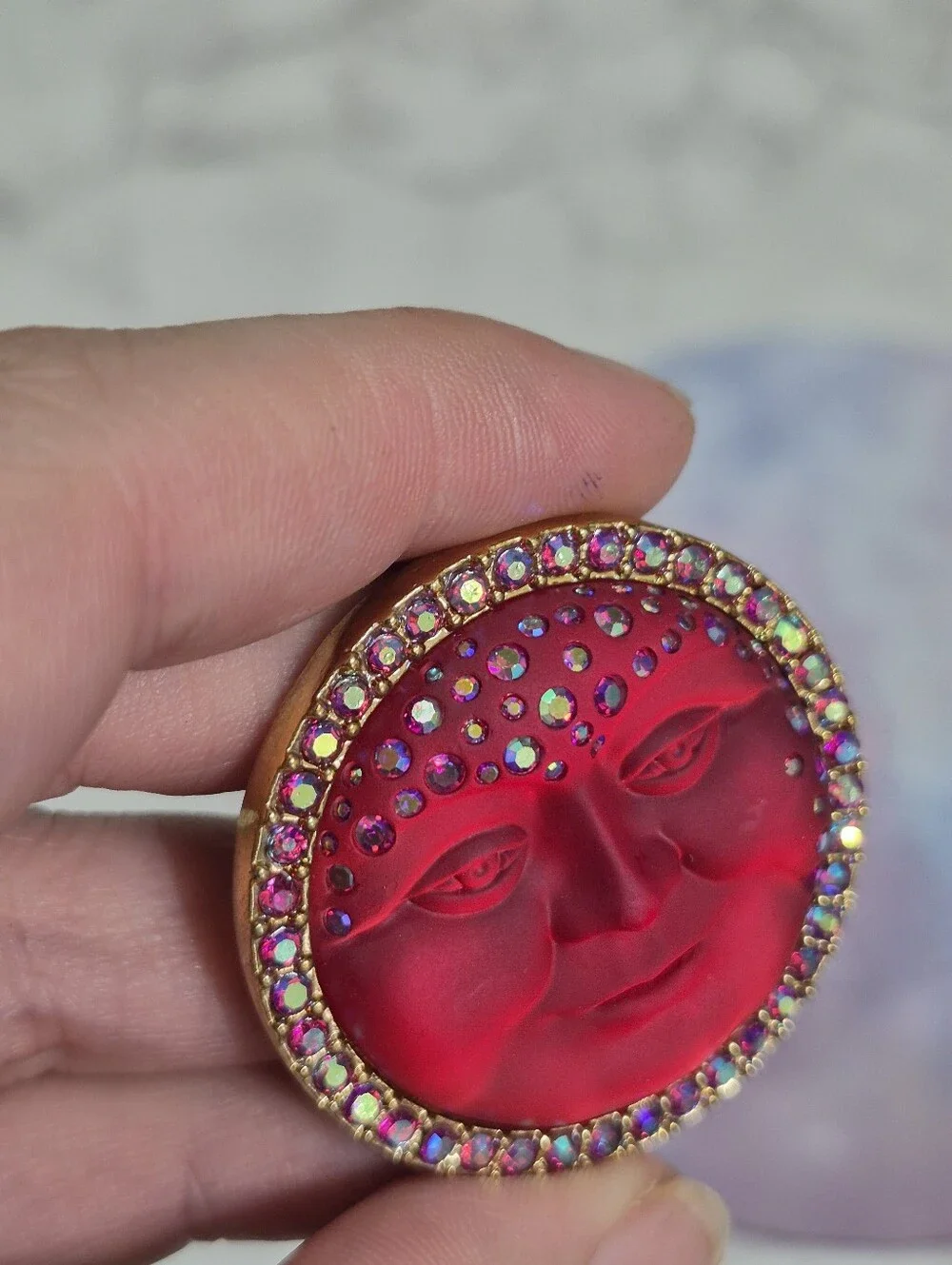 Kirks Folly Red Moon Face Rhinestone Brooch